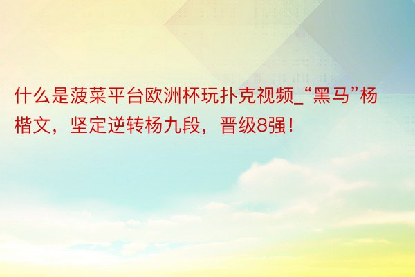 什么是菠菜平台欧洲杯玩扑克视频_“黑马”杨楷文，坚定逆转杨九段，晋级8强！